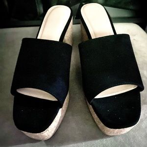 Delia Slip-On Wedge / Black Size:11 / Brown Cork Heel